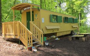 Ein Waldkindergartenwagen in strahlender Farbe, für die Gemeinde Sandhausen. Gelegen mitten im Wald, idyllisch unter Laubbäumen.