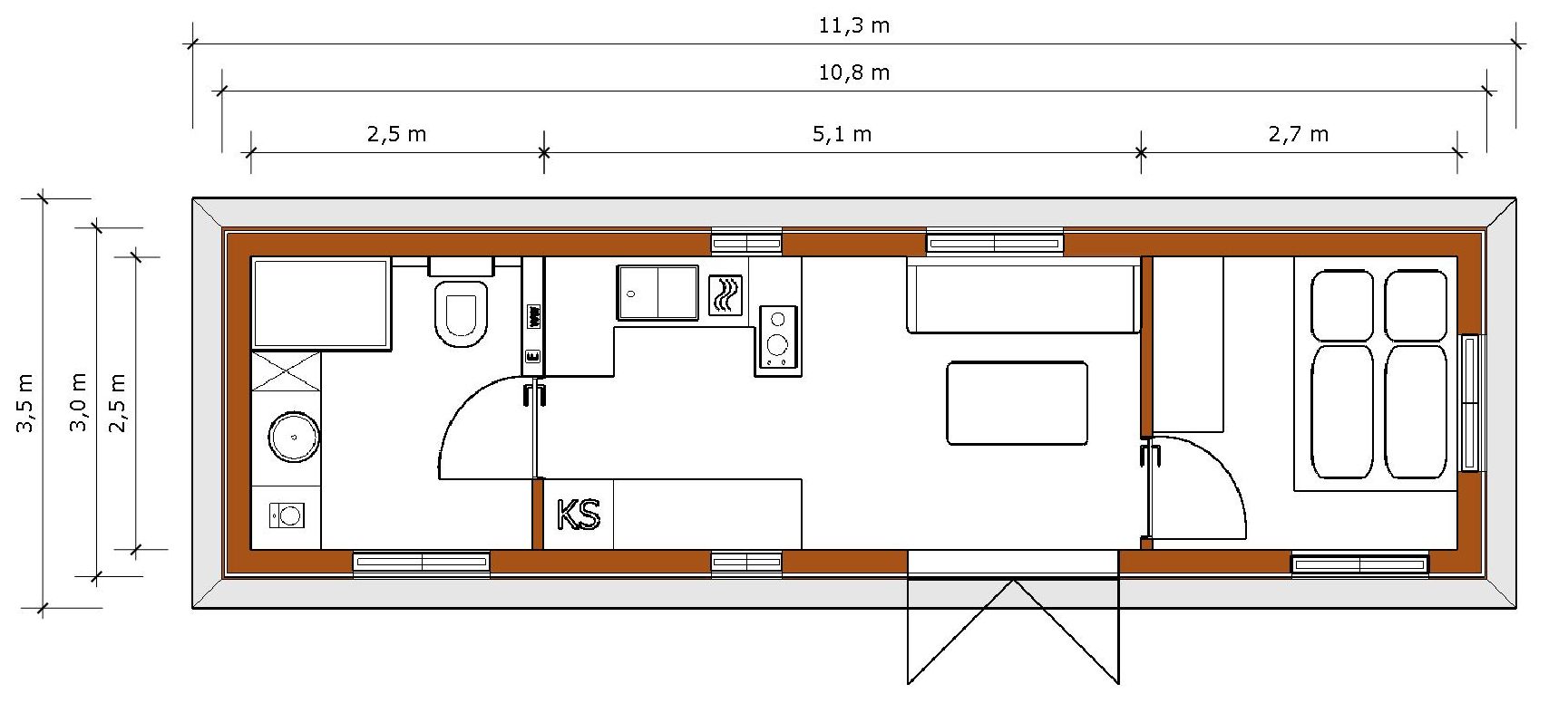 Grundriss Basismodul mit Bad, Wohnküche und Schlafzimmer auf 27 Quadratmetern.