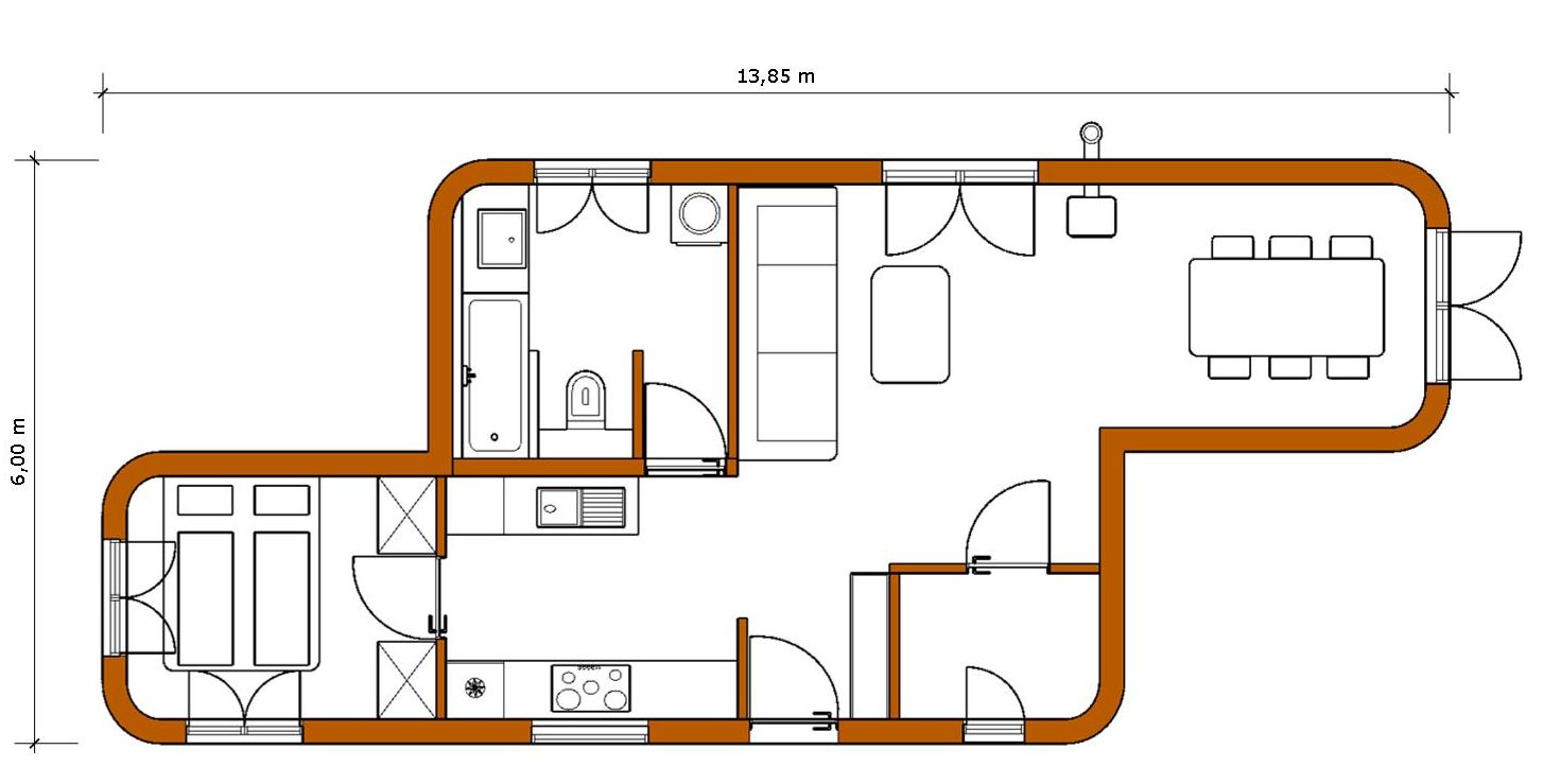Modulhaus aus zwei Modulen. Großzügiger Wohnraum mit Bad, Küche, Schlafzimmer und Arbeitszimmer. Kaminofen