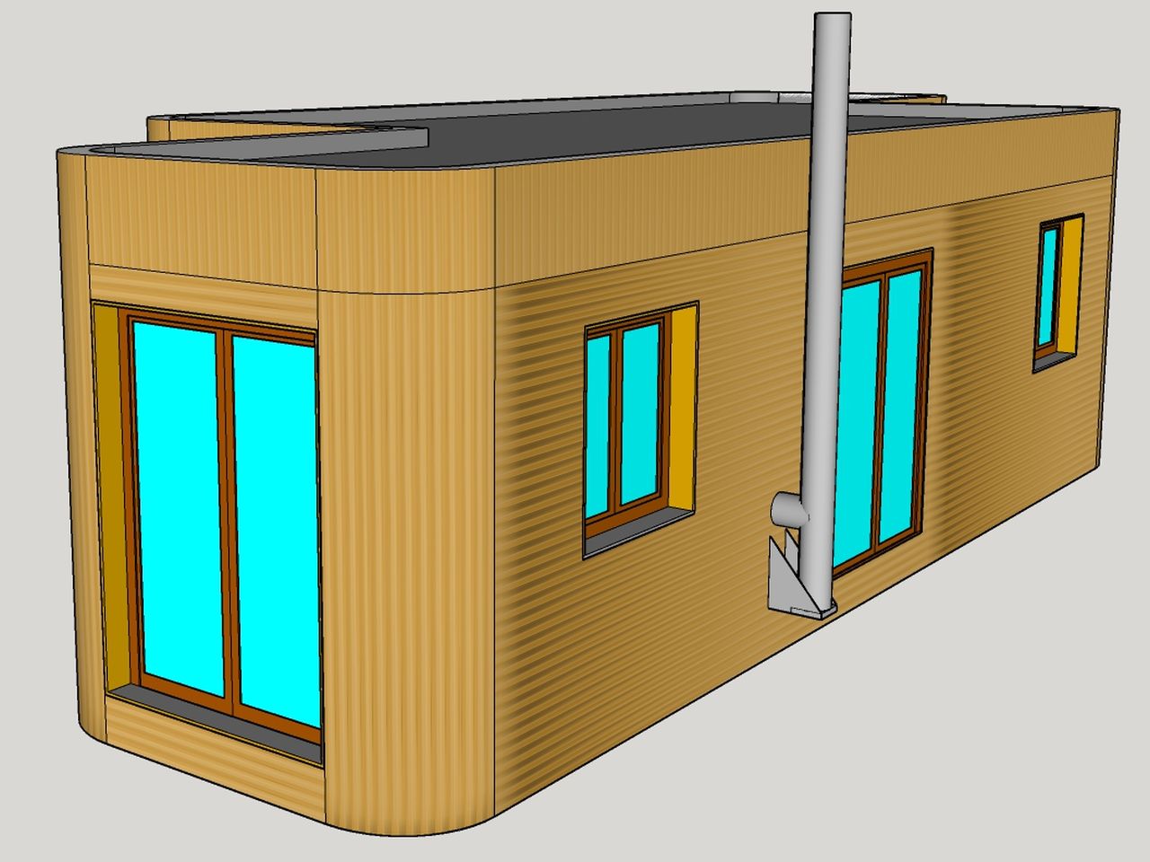 Modulhaus aus zwei Modulen. Großzügiger Wohnraum mit Bad, Küche, Schlafzimmer und Arbeitszimmer. Kaminofen